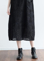 Summer Black Cotton Hemp Embroidered Oversized Dress - SooLinen
