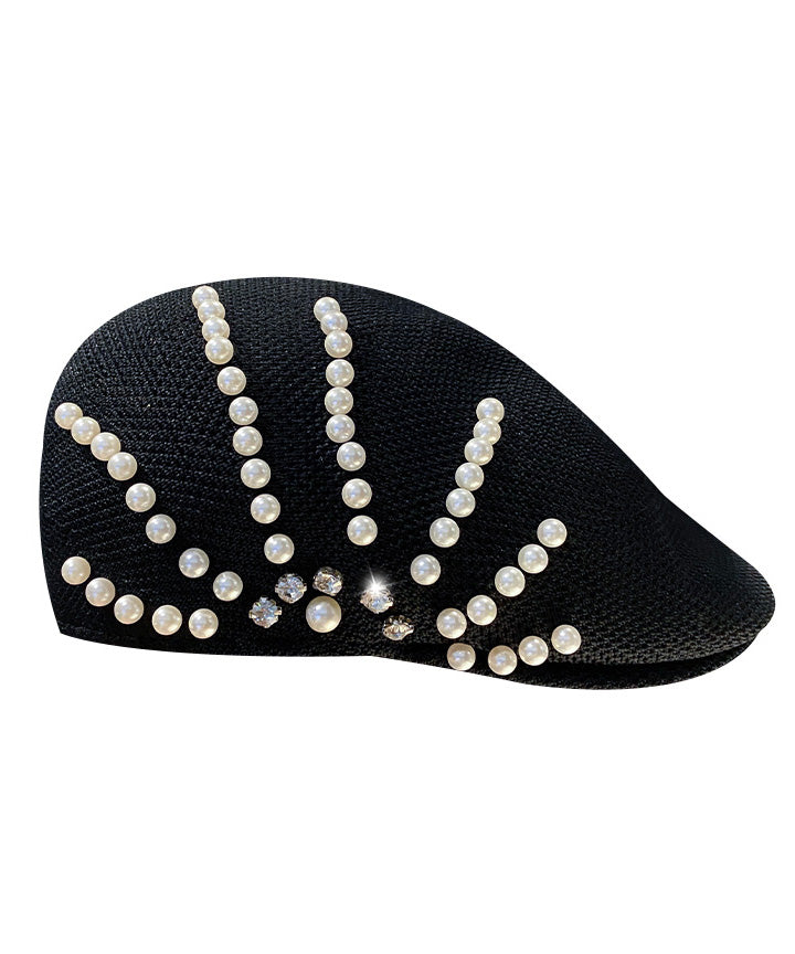 Summer Black Zircon Pearl Beret Hat