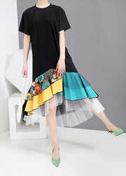 Summer Casual Black Colorful Printed Hem Dress - SooLinen