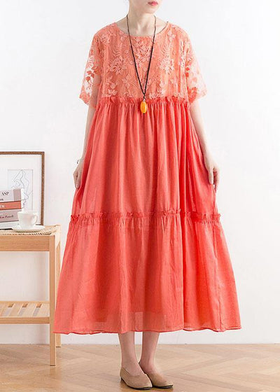 Summer French Orange Patchwork O-Neck Cotton Long Dresses - SooLinen