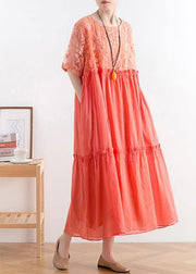 Summer French Orange Patchwork O-Neck Cotton Long Dresses - SooLinen