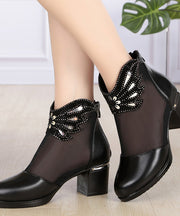 Summer Grey Cowhide Leather Tulle Splicing Hollow Out Boots
