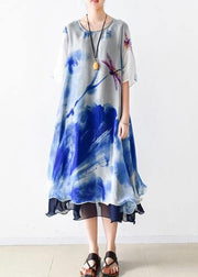 Summer Grey Print Chiffon Women Short Sleeve Dress - SooLinen
