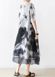 Summer Grey Print Chiffon Women Short Sleeve Dress - SooLinen