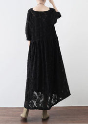Summer Italian Black Chiffon Round Neck Holiday Dress - SooLinen