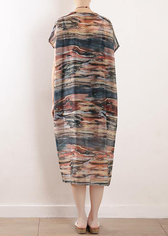 Summer Round Neck Chiffon Short Sleeve Printed Dress - SooLinen