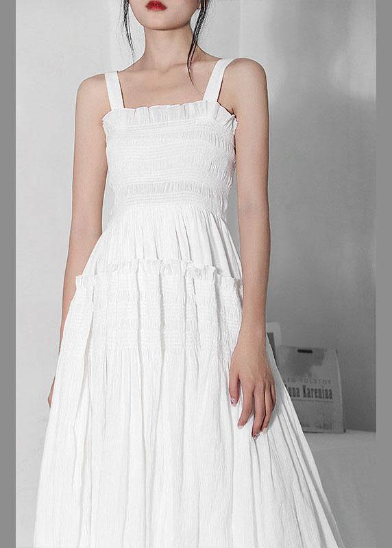 Summer Trendy White Cinched RuffledCotton Maxi Dresses - SooLinen
