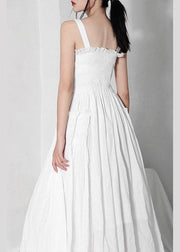 Summer Trendy White Cinched RuffledCotton Maxi Dresses - SooLinen