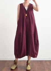 Summer V Neck Cotton Linen Long Dress Solid Baggy Casual Lace Up Backless