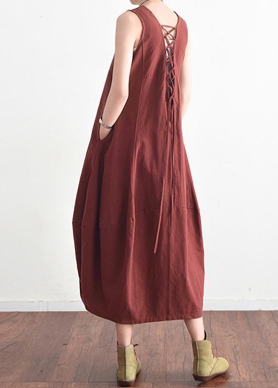 Summer V Neck Cotton Linen Long Dress Solid Baggy Casual Lace Up Backless