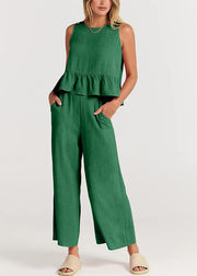 Summer Womens Green Sleeveless Pleated Tank Top Wide Leg Crop Pan