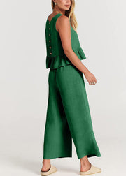 Summer Womens Green Sleeveless Pleated Tank Top Wide Leg Crop Pan