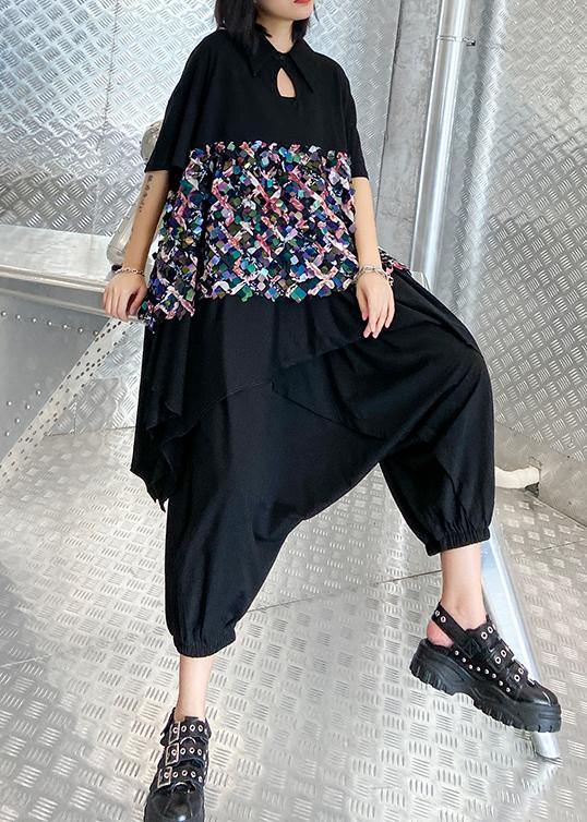 Summer black suit female temperament fashion sequined top harem pants two-piece - SooLinen