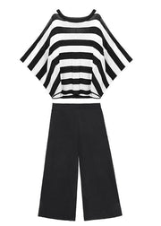 Summer casual fashion age reduction large size striped bat sleeve T-shirt + wide leg pants two-piece suit - SooLinen