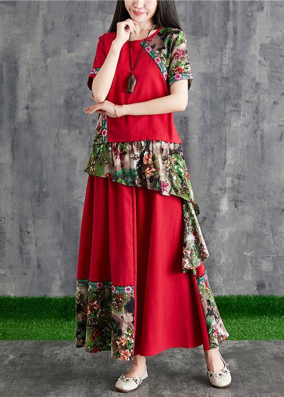 Summer cotton linen color stitching small fresh Chinese body temperament red print two-piece - SooLinen