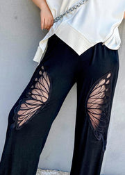 Summer high waist thin big pants women black butterfly pattern Harlan casual trousers - SooLinen