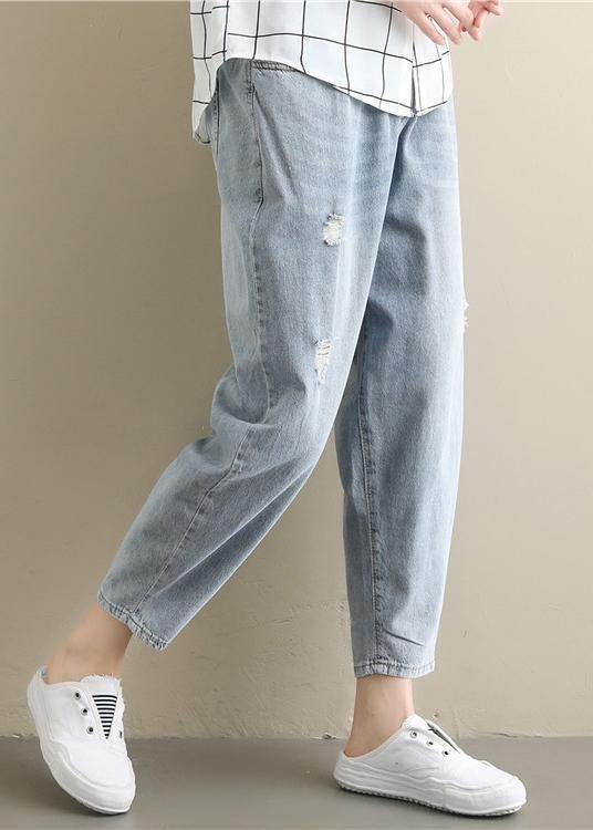 Summer literary large size elastic waist hole thin section light blue nine points casual jeans - SooLinen