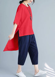Summer loose large size solid color wild five-point sleeve red shirt harem pants suit - SooLinen