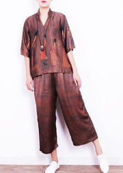 Summer new brown print loose loose shirt + wide leg pants set - SooLinen
