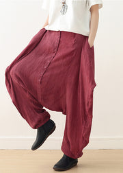 Summer new burgundy cotton and linen art women's button loose wide leg