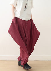 Summer new burgundy cotton and linen art women's button loose wide leg