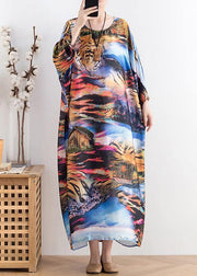 Summer new chiffon holiday style plus size women's retro dress loose printed long skirt - SooLinen