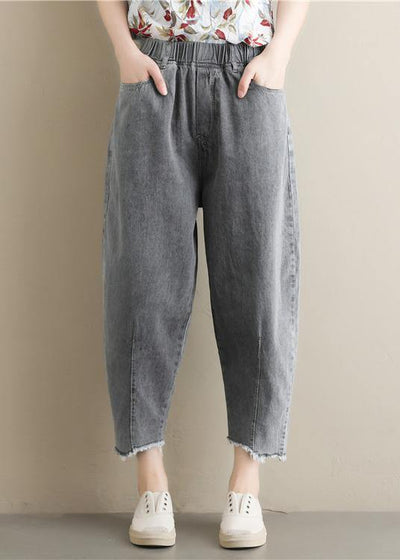Summer new literary large size gray trousers loose elastic waist casual nine points jeans - SooLinen