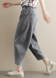 Summer new literary large size gray trousers loose elastic waist casual nine points jeans - SooLinen
