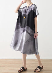 Summer new loose large size retro temperament gray ink printing chiffon fragrant cloud forging dress - SooLinen