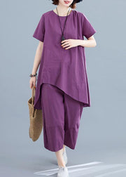 Summer new loose large size women's purple fashion irregular short-sleeved shirt + pants casual cotton and linen - SooLinen