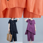 Summer new loose large size women's purple fashion irregular short-sleeved shirt + pants casual cotton and linen - SooLinen