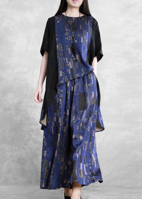 Summer new stitching suit wide irregular ethnic blue printing two-piece - SooLinen