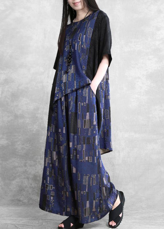 Summer new stitching suit wide irregular ethnic blue printing two-piece - SooLinen