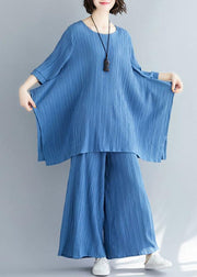 Summer new women's solid color retro blue jacquard cotton sleeves shirt - SooLinen