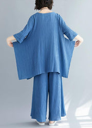 Summer new women's solid color retro blue jacquard cotton sleeves shirt - SooLinen