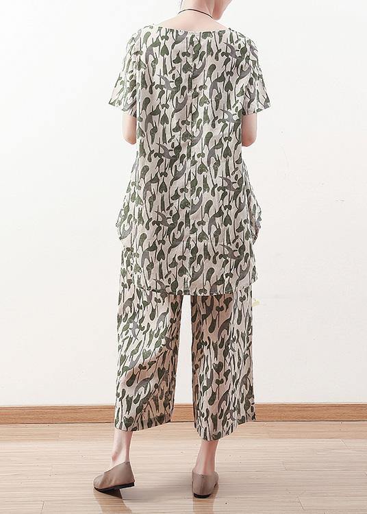 Summer original design vintage green short sleeve prints linen print shirt pants two pieces - SooLinen