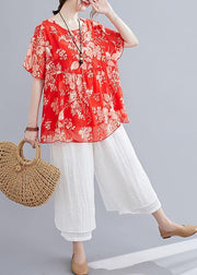 Summer red small floral cotton and linen top + wide-leg pants suit - SooLinen