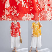 Summer red small floral cotton and linen top + wide-leg pants suit - SooLinen
