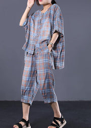 Summer retro plaid casual shirt denim two pieces - SooLinen
