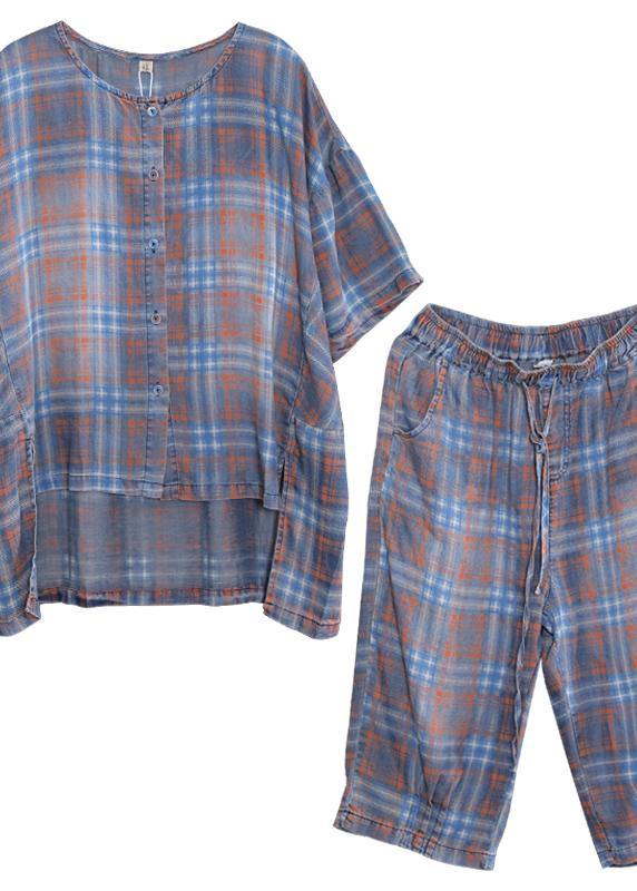 Summer retro plaid casual shirt denim two pieces - SooLinen