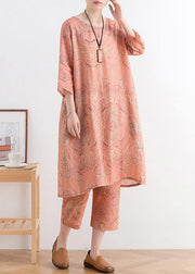 Summer wear new retro ramie fan abstract print dress harem pants casual suit two pieces - SooLinen