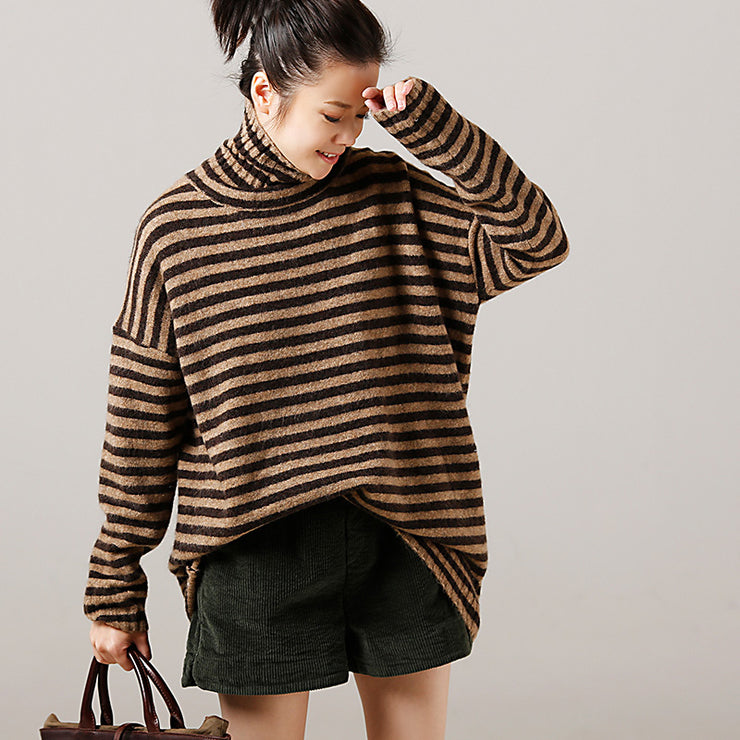 Sweater pullover Vintage high neck khaki thick  Art knitted tops striped