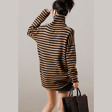 Sweater pullover Vintage high neck khaki thick  Art knitted tops striped