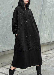 Sweater women's autumn winter loose hooded Plush shiny black dress - SooLinen