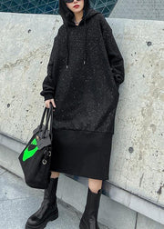 Sweater women's autumn winter loose hooded Plush shiny black dress - SooLinen