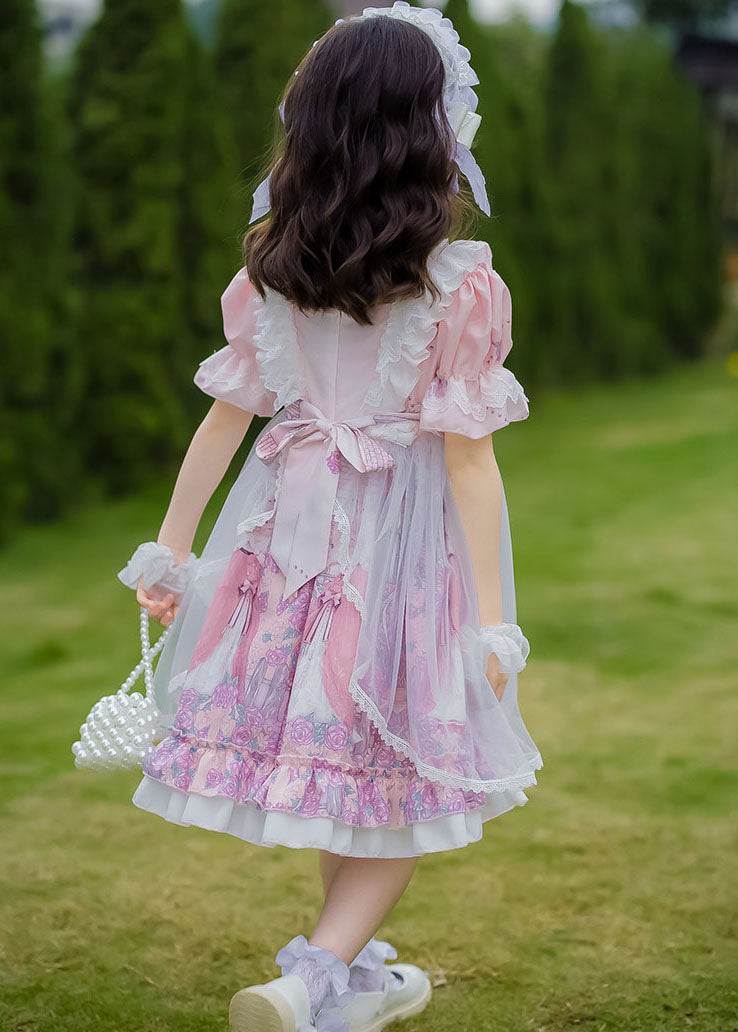 Sweet Pink Ruffled Bow Character Patchwork Tulle Kids Girls Princess Dress Summer