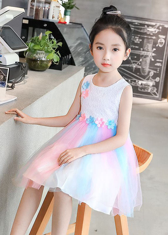 Sweet White Floral Wrinkled Patchwork Tulle Baby Girls Princess Dress Sleeveless
