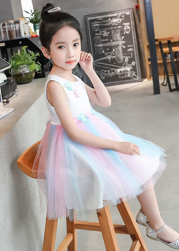 Sweet White Floral Wrinkled Patchwork Tulle Baby Girls Princess Dress Sleeveless