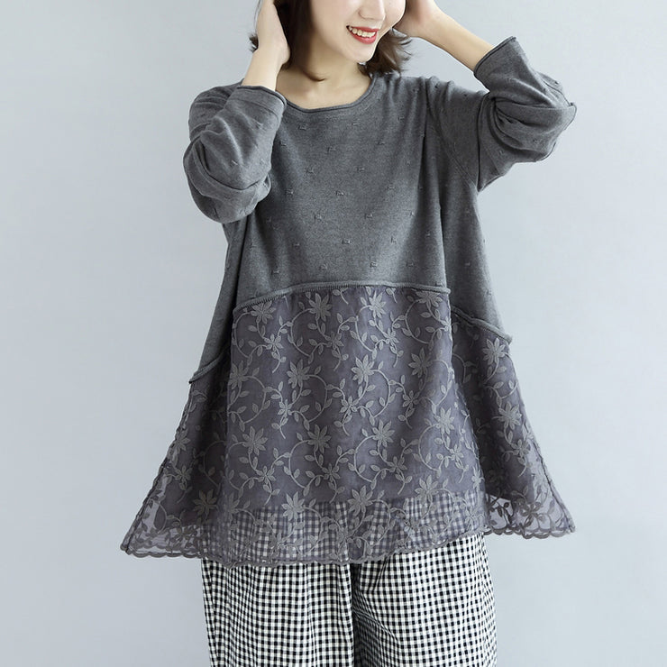 Sweet lace patchwork cotton knit sweaters gray pullover knit tops