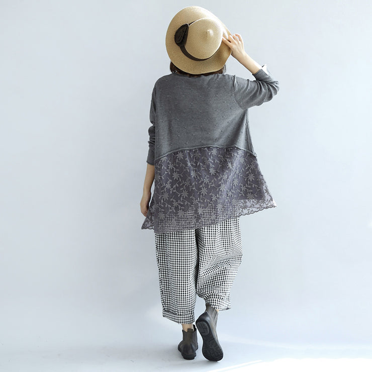 Sweet lace patchwork cotton knit sweaters gray pullover knit tops